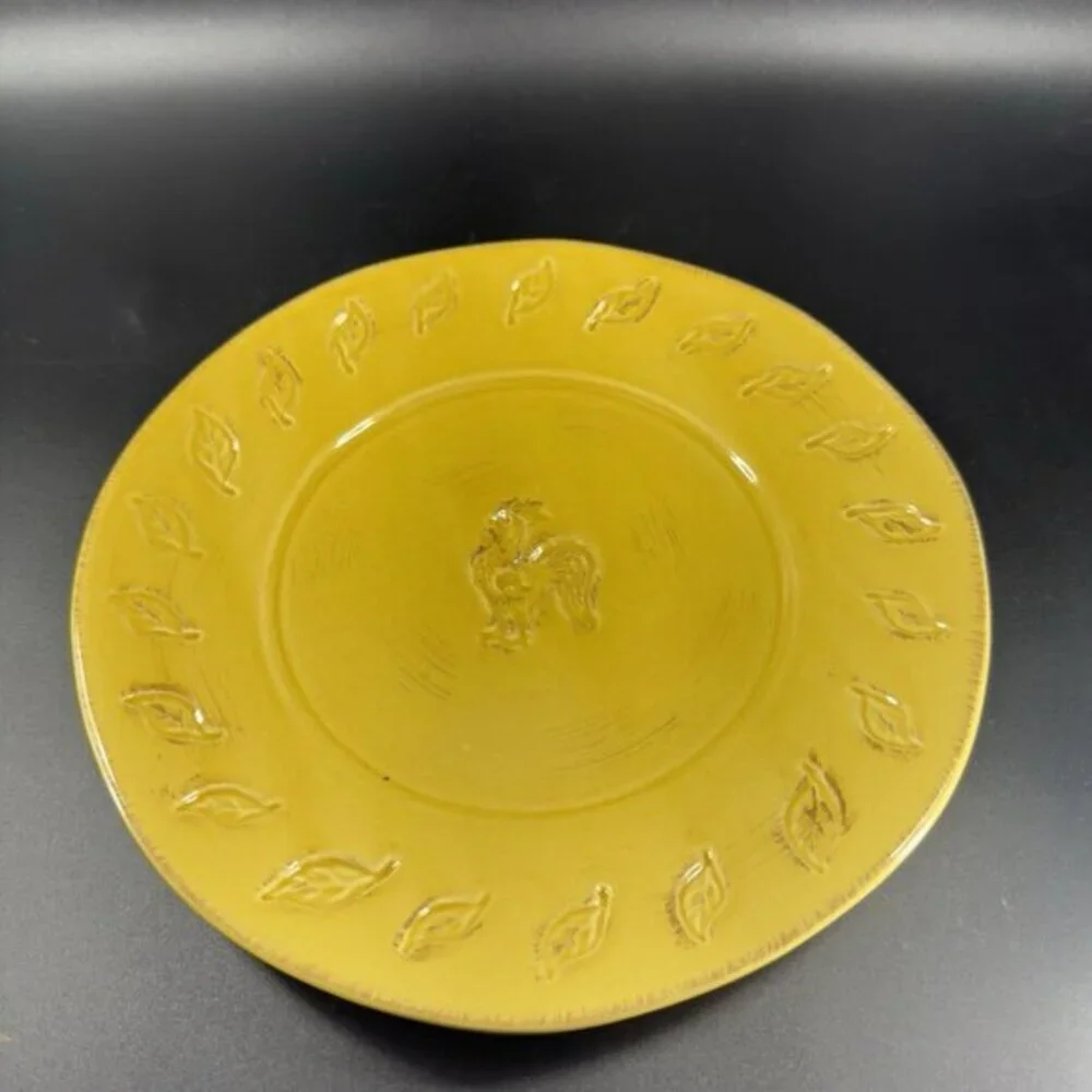 Home Hand Painted Yellow Rooster Chicken Plate Dish‎ Set 2 Round Primitive Style
